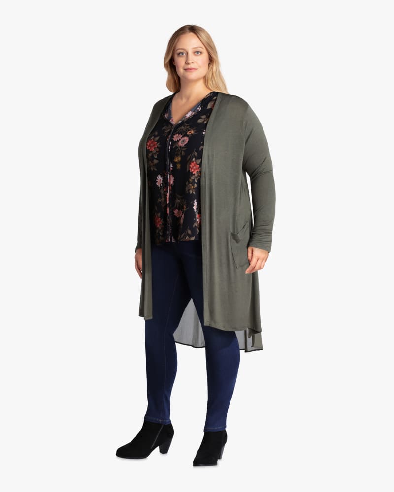 Plus size model with hourglass body shape wearing Nylah Knit Waterfall Duster Cardigan by Cameo | Dia&Co | dia_product_style_image_id:113264